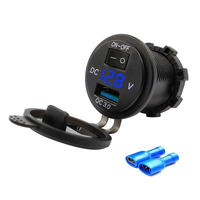 Bluejw Quick Digital Voltmeter 12V/24V USB Car Charger QC3.0 Fast Charger with On/Off Switch & Cigarette Lighter Adapter, Automobile Chargers - Image 2
